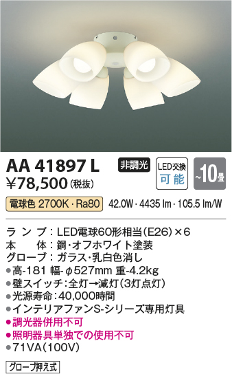 安心のメーカー保証【インボイス対応店】AA41897L （本体別売） コイズミ シーリングファン 灯具のみ LED  Ｔ区分画像
