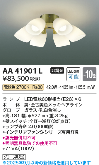 安心のメーカー保証【インボイス対応店】AA41901L （本体別売） コイズミ シーリングファン 灯具のみ LED  Ｔ区分の画像