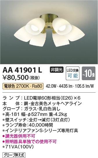 安心のメーカー保証【インボイス対応店】AA41901L （本体別売） コイズミ シーリングファン 灯具のみ LED  Ｔ区分の画像