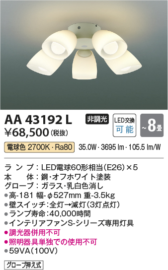 安心のメーカー保証【インボイス対応店】AA43192L （本体別売） コイズミ シーリングファン 灯具のみ LED  Ｔ区分の画像