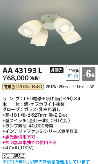 安心のメーカー保証【インボイス対応店】AA43193L （本体別売） コイズミ シーリングファン 灯具のみ LED  Ｔ区分の画像