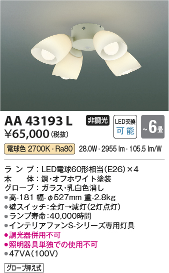 安心のメーカー保証【インボイス対応店】AA43193L （本体別売） コイズミ シーリングファン 灯具のみ LED  Ｔ区分の画像