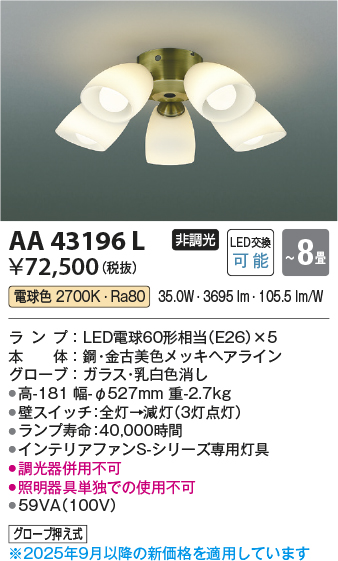 安心のメーカー保証【インボイス対応店】AA43196L （本体別売） コイズミ シーリングファン 灯具のみ LED  Ｔ区分の画像