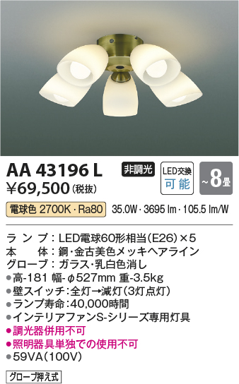 安心のメーカー保証【インボイス対応店】AA43196L （本体別売） コイズミ シーリングファン 灯具のみ LED  Ｔ区分画像