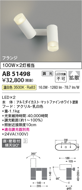 安心のメーカー保証【インボイス対応店】AB51498 コイズミ スポットライト LED  Ｔ区分の画像