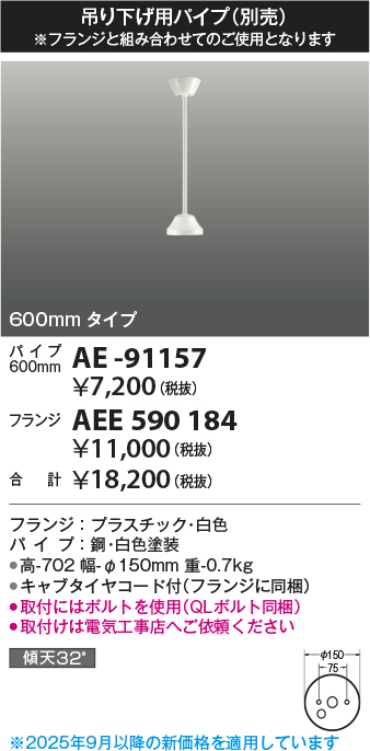 安心のメーカー保証【インボイス対応店】AE-91157 コイズミ シーリングファン パイプのみ  Ｔ区分の画像