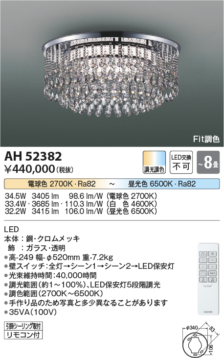 安心のメーカー保証【インボイス対応店】AH52382 コイズミ シャンデリア LED リモコン付  Ｔ区分の画像