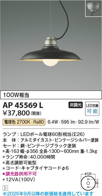 安心のメーカー保証【インボイス対応店】AP45569L コイズミ ペンダント LED  Ｔ区分の画像