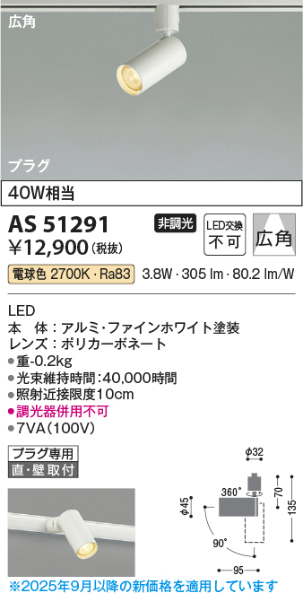 安心のメーカー保証【インボイス対応店】AS51291 コイズミ スポットライト 配線ダクト用 LED  Ｔ区分の画像