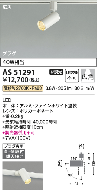 安心のメーカー保証【インボイス対応店】AS51291 コイズミ スポットライト 配線ダクト用 LED  Ｔ区分の画像