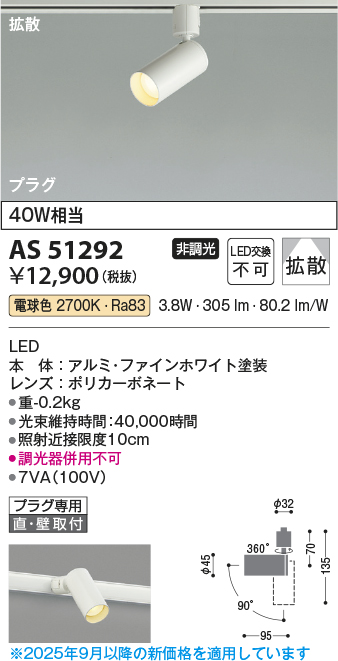 安心のメーカー保証【インボイス対応店】AS51292 コイズミ スポットライト 配線ダクト用 LED  Ｔ区分の画像