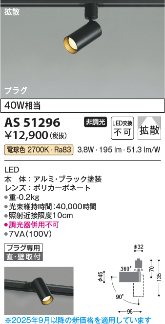 安心のメーカー保証【インボイス対応店】AS51296 コイズミ スポットライト 配線ダクト用 LED  Ｔ区分の画像