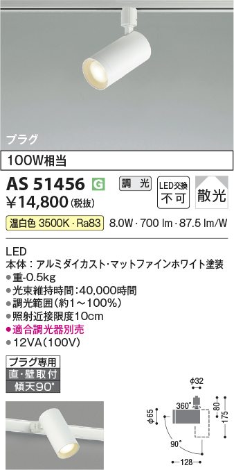 安心のメーカー保証【インボイス対応店】AS51456 コイズミ スポットライト 配線ダクト用 LED  Ｔ区分の画像