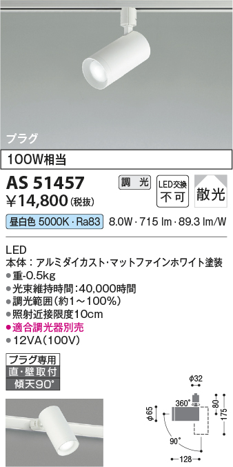 安心のメーカー保証【インボイス対応店】AS51457 コイズミ スポットライト 配線ダクト用 LED  Ｔ区分の画像