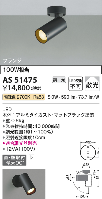 安心のメーカー保証【インボイス対応店】AS51475 コイズミ スポットライト LED  Ｔ区分の画像