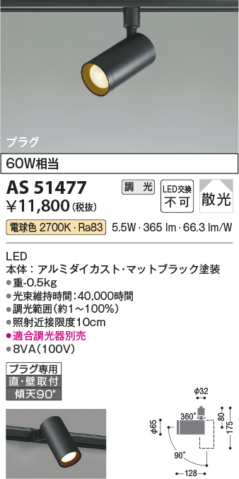 安心のメーカー保証【インボイス対応店】AS51477 コイズミ スポットライト 配線ダクト用 LED  Ｔ区分の画像