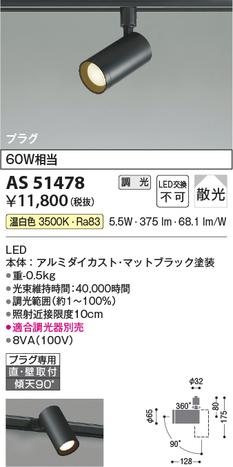 安心のメーカー保証【インボイス対応店】AS51478 コイズミ スポットライト 配線ダクト用 LED  Ｔ区分の画像