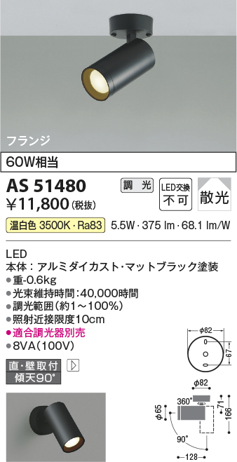 安心のメーカー保証【インボイス対応店】AS51480 コイズミ スポットライト LED  Ｔ区分の画像