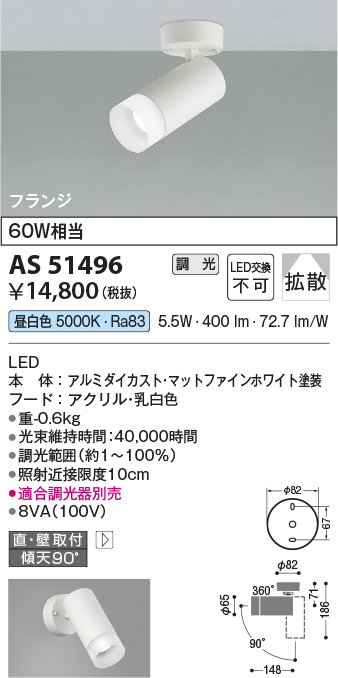 安心のメーカー保証【インボイス対応店】AS51496 コイズミ スポットライト LED  Ｔ区分の画像