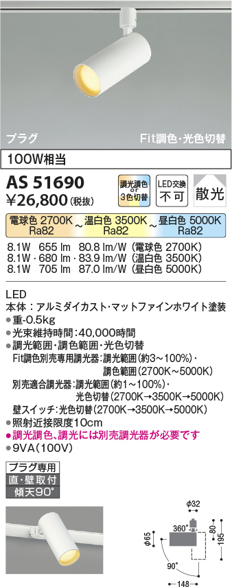 安心のメーカー保証【インボイス対応店】AS51690 コイズミ スポットライト 配線ダクト用 LED  Ｔ区分の画像