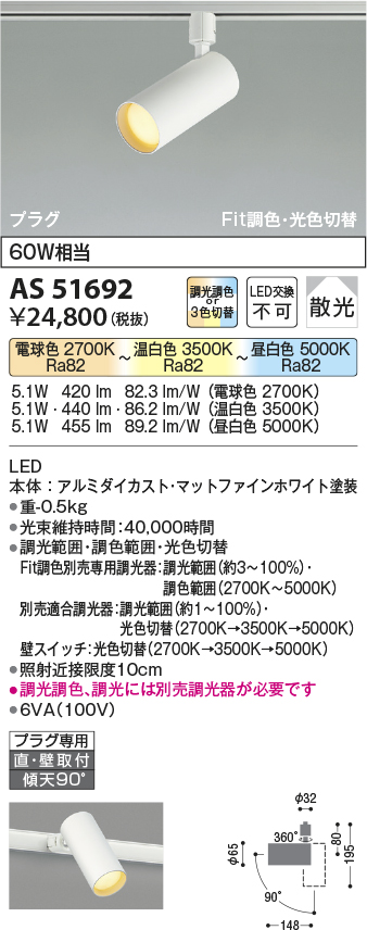 安心のメーカー保証【インボイス対応店】AS51692 コイズミ スポットライト 配線ダクト用 LED  Ｔ区分の画像