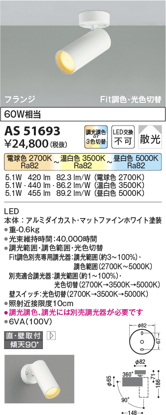 安心のメーカー保証【インボイス対応店】AS51693 コイズミ スポットライト LED  Ｔ区分の画像