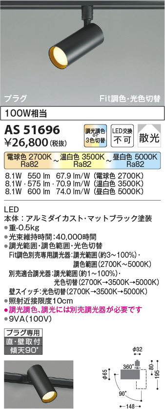 安心のメーカー保証【インボイス対応店】AS51696 コイズミ スポットライト 配線ダクト用 LED  Ｔ区分の画像