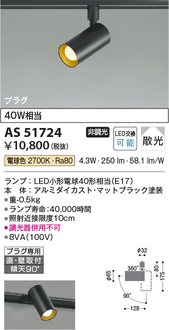 安心のメーカー保証【インボイス対応店】AS51724 コイズミ スポットライト 配線ダクト用 LED  Ｔ区分の画像