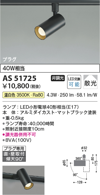 安心のメーカー保証【インボイス対応店】AS51725 コイズミ スポットライト 配線ダクト用 LED  Ｔ区分の画像