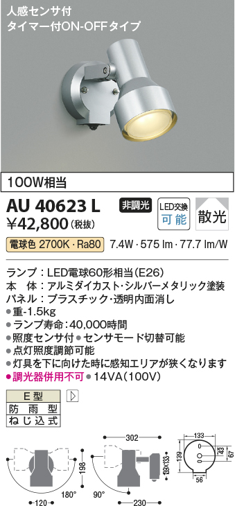 安心のメーカー保証【インボイス対応店】AU40623L コイズミ 屋外灯 スポットライト LED  Ｔ区分の画像