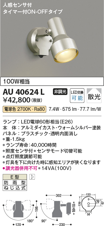 安心のメーカー保証【インボイス対応店】AU40624L コイズミ 屋外灯 スポットライト LED  Ｔ区分の画像