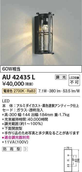 安心のメーカー保証【インボイス対応店】AU42435L コイズミ ポーチライト LED  Ｔ区分の画像