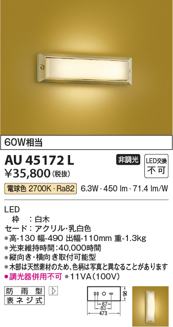 安心のメーカー保証【インボイス対応店】AU45172L コイズミ 屋外灯 アウトドアブラケット LED  Ｔ区分の画像