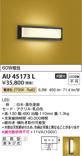 安心のメーカー保証【インボイス対応店】AU45173L コイズミ 屋外灯 アウトドアブラケット LED  Ｔ区分の画像