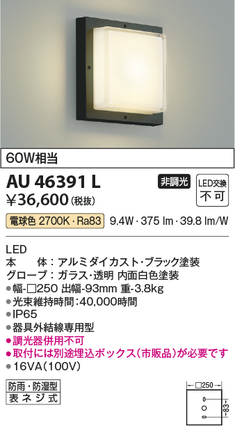 安心のメーカー保証【インボイス対応店】AU46391L （埋込ボックス別売） コイズミ 屋外灯 アウトドアブラケット LED  Ｔ区分の画像