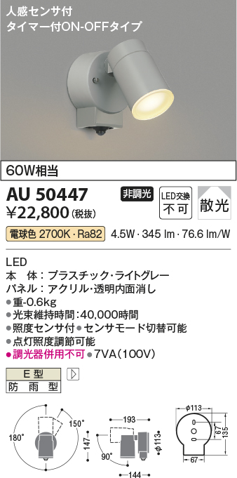 安心のメーカー保証【インボイス対応店】AU50447 コイズミ 屋外灯 スポットライト LED  Ｔ区分の画像