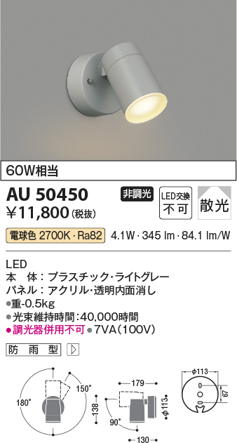 安心のメーカー保証【インボイス対応店】AU50450 コイズミ 屋外灯 スポットライト LED  Ｔ区分の画像