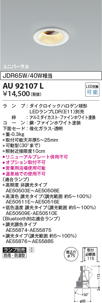 安心のメーカー保証【インボイス対応店】AU92107L コイズミ ポーチライト 軒下用 LED ランプ別売 Ｔ区分の画像