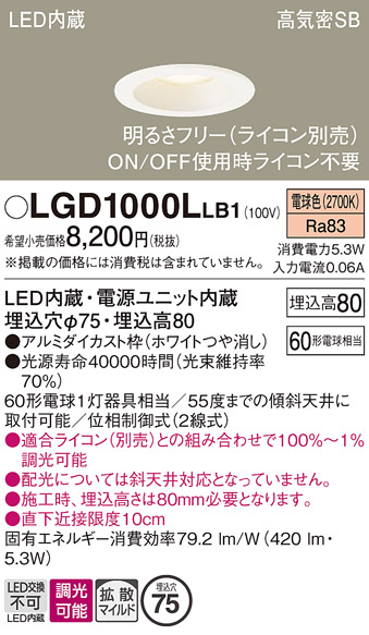 安心のメーカー保証【インボイス対応店】LGD1000LLB1 パナソニック ダウンライト 一般形 LED  Ｔ区分の画像