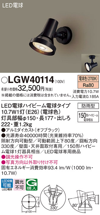 安心のメーカー保証【インボイス対応店】LGW40114 パナソニック 屋外灯 スポットライト LED  Ｔ区分の画像