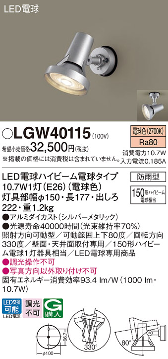 安心のメーカー保証【インボイス対応店】LGW40115 パナソニック 屋外灯 スポットライト LED  Ｔ区分の画像