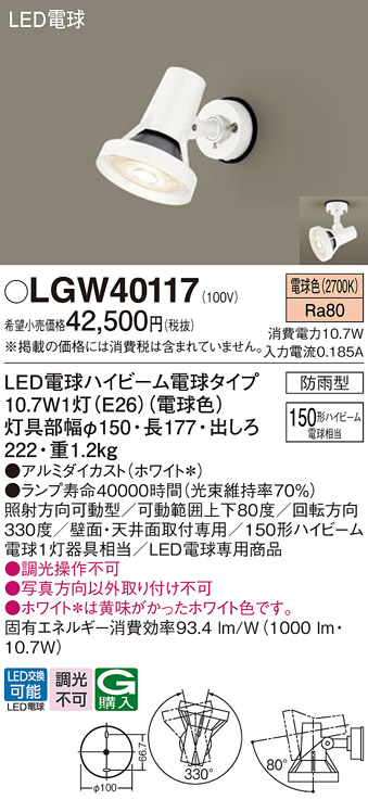 安心のメーカー保証【インボイス対応店】LGW40117 パナソニック 屋外灯 スポットライト LED  Ｔ区分の画像