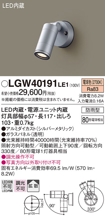 安心のメーカー保証【インボイス対応店】LGW40191LE1 パナソニック 屋外灯 スポットライト LED  Ｔ区分の画像