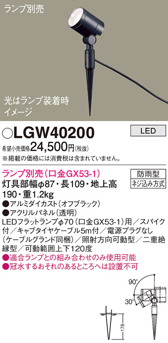 安心のメーカー保証【インボイス対応店】LGW40200 パナソニック 屋外灯 ガーデンライト LED ランプ別売 Ｔ区分の画像