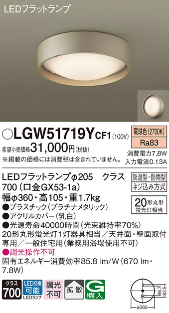 安心のメーカー保証【インボイス対応店】LGW51719YCF1 パナソニック 浴室灯 LED  Ｔ区分の画像