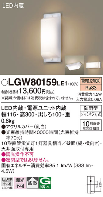 安心のメーカー保証【インボイス対応店】LGW80159LE1 パナソニック 屋外灯 その他屋外灯 LED  Ｔ区分の画像