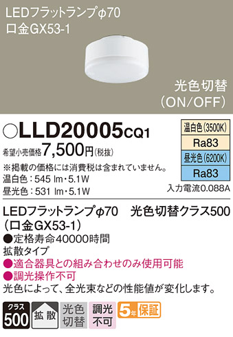 安心のメーカー保証【インボイス対応店】LLD20005CQ1 （LDF5-H-GX53/WWD/S） パナソニック ランプ類 LEDユニット LED  Ｔ区分の画像