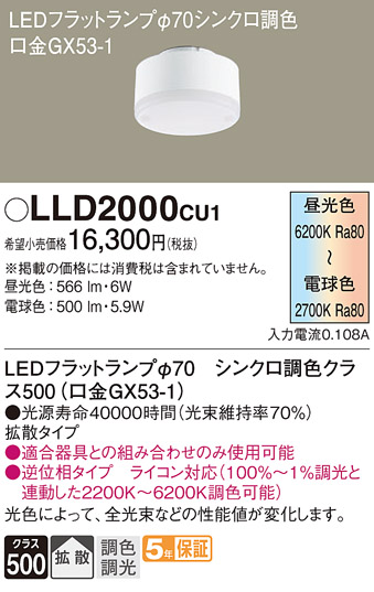 安心のメーカー保証【インボイス対応店】LLD2000CU1 パナソニック ランプ類 LEDユニット LED  Ｔ区分の画像