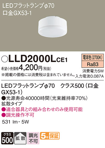 安心のメーカー保証【インボイス対応店】LLD2000LCE1 （LDF5L-H-GX53/S） パナソニック ランプ類 LEDユニット LED  Ｔ区分の画像