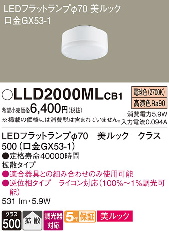 安心のメーカー保証【インボイス対応店】LLD2000MLCB1 （LDF6L-D-H-GX53/D/S） パナソニック ランプ類 LEDユニット LED  Ｔ区分の画像